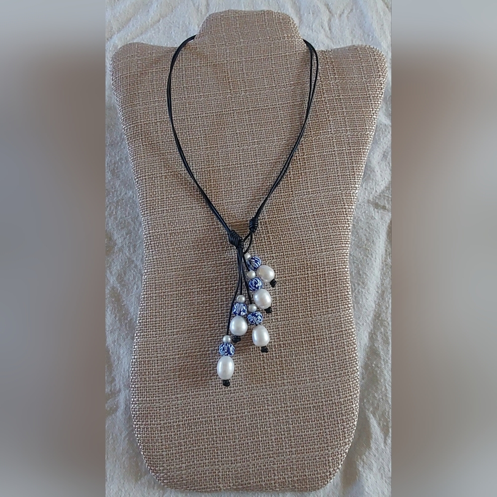 Handmade White Pearl & Blue/White Bead And Black Leather 2-Way Necklace